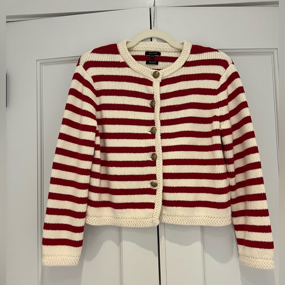 Massimo Dutti Red & Cream Striped Button-Front Cardigan